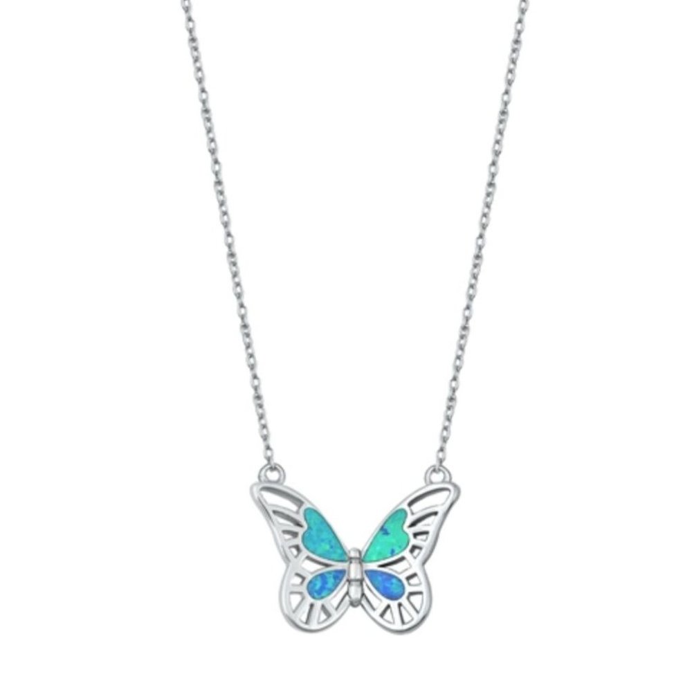 Silver Lab Opal Butterfly Necklace